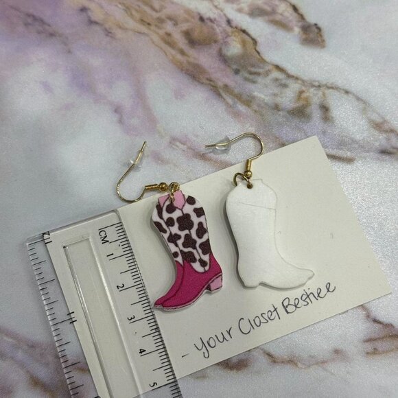 Pink and black cow print cowboy boot earrings - NEW handmade acrylic 2D earrings - Picture 3 of 4